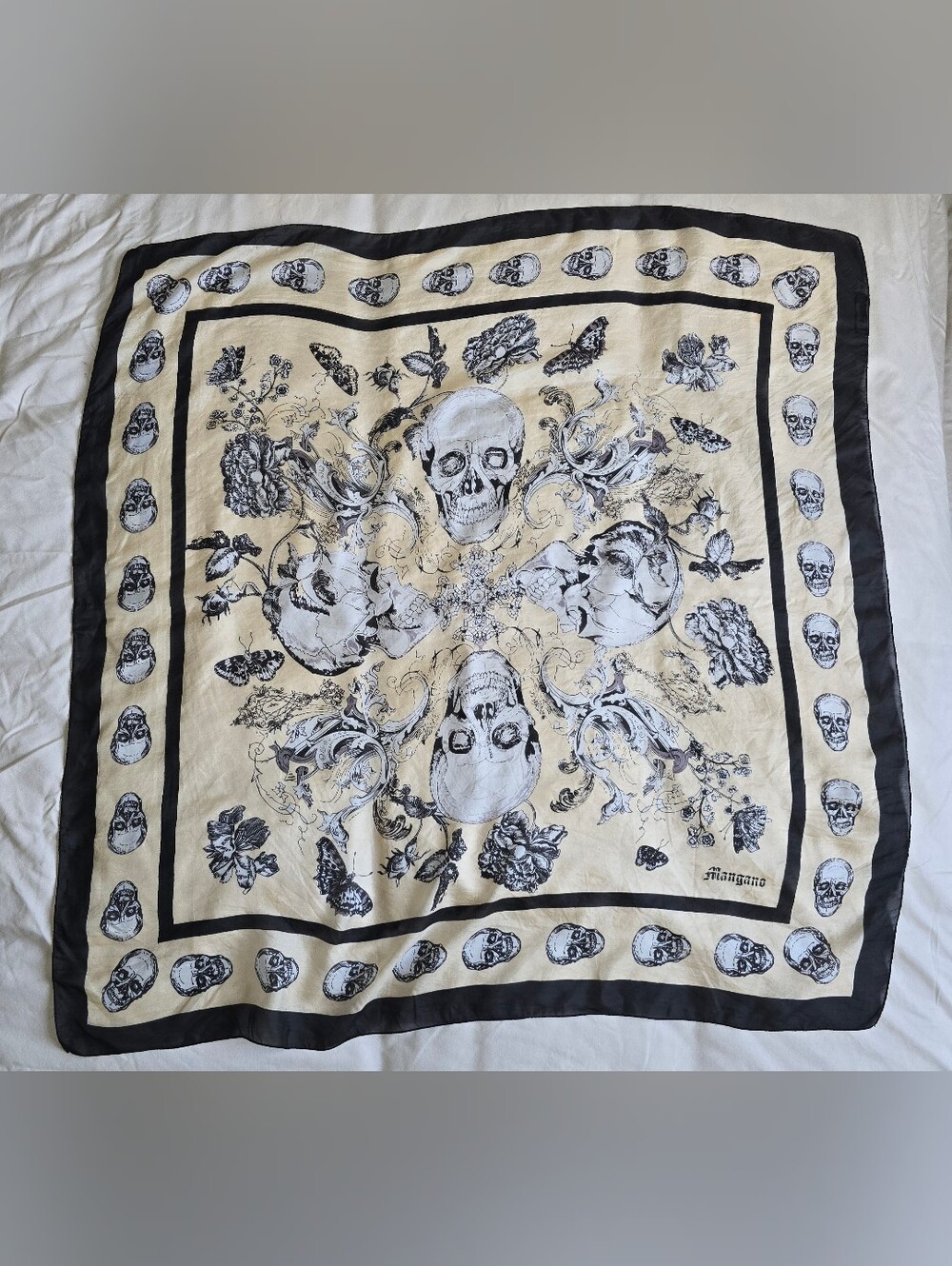Mangano Italy 100% Silk Skull Floral Square Scarf Black Ivory